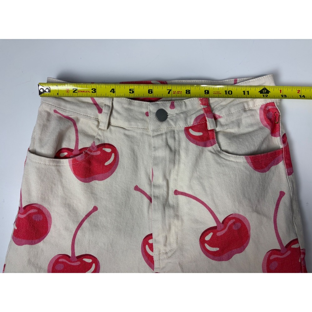 Women's Cream Red Cherry Fruitcore Wide Leg Pants Size S Kidcore Statement - Picture 6 of 9